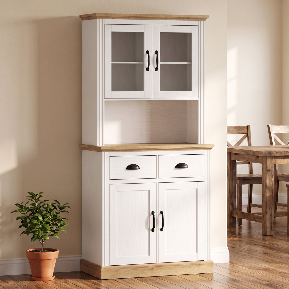 Highboard Küche, Küchenschrank, 4 Türen, davon 2 Glastüren, 2 Schubladen, Arbeitsplatte, verstellbare Einlegeböden, Weiß
