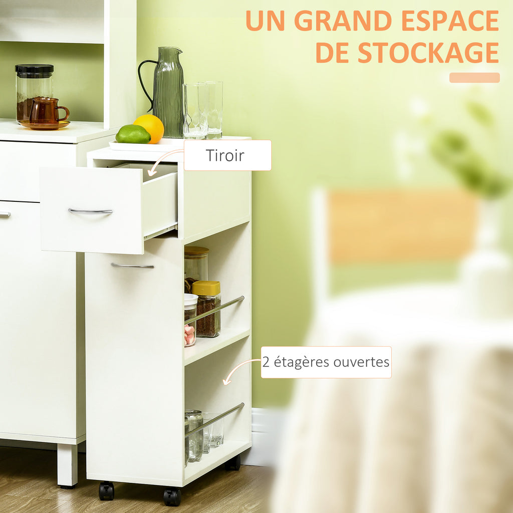 Chariot de cuisine avec 1 tiroir et 2 étagères ouvertes sur roulettes pour 25 x 50 x 85 cm Blanc