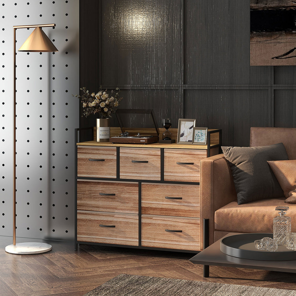 Kommode mit 7 Schubladen, Aufbewahrungsschrank mit faltbaren Stoffschubladen – schwarzer Stahlrahmen – 98 x 29 x 85 cm