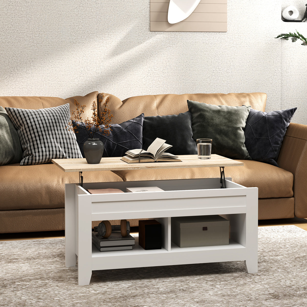 Table basse plateau relevable, table de salon avec étagères et compartiment caché,105 x 50 x 49-62,5 cm blanc