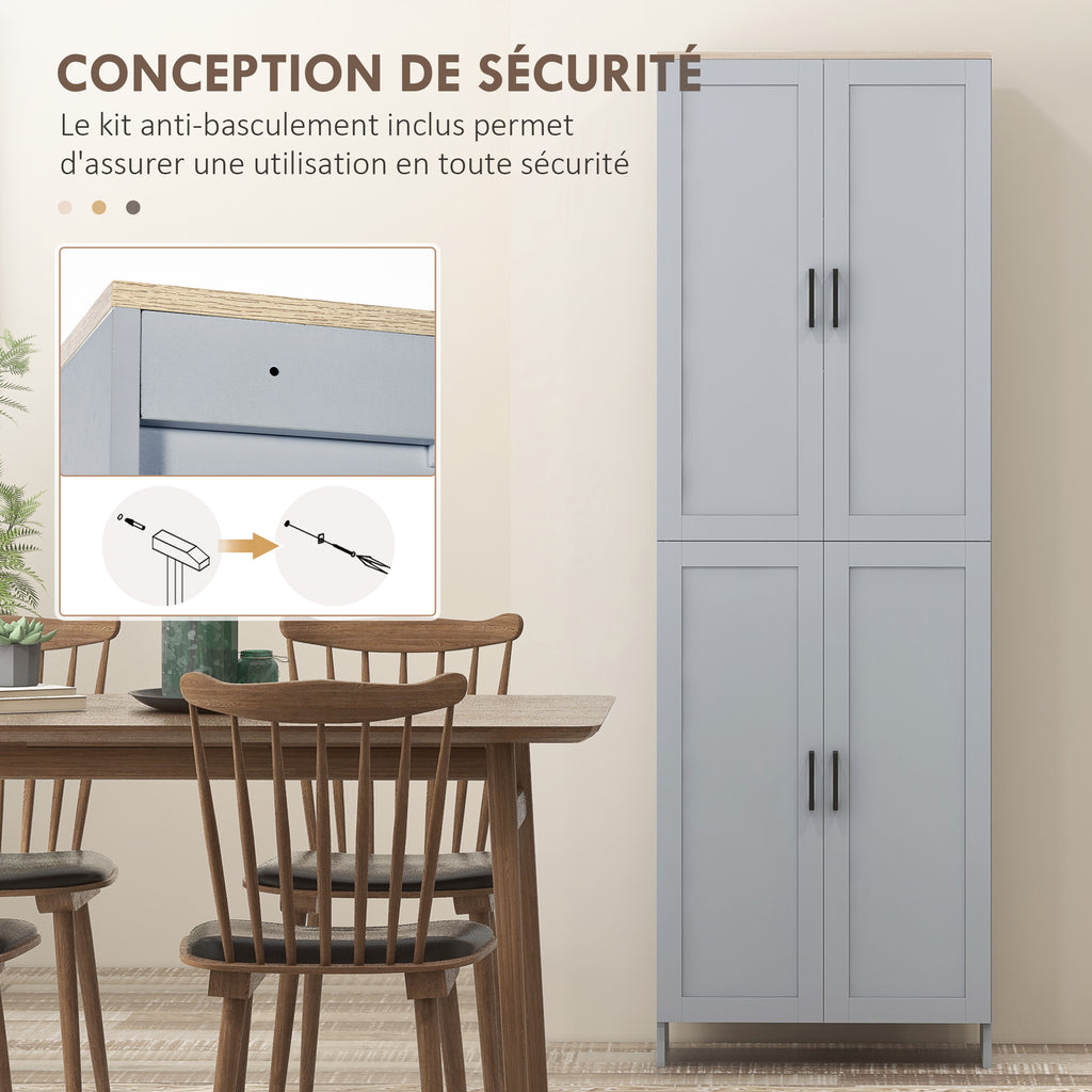 Küchenschrank, 170 cm hoch, Hochschrank mit 4 Türen und verstellbaren Einlegeböden, modernes Design, grau