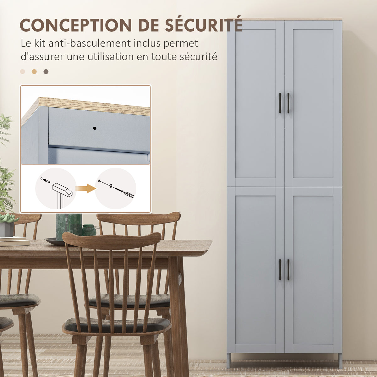 Küchenschrank, 170 cm hoch, Hochschrank mit 4 Türen und verstellbaren Einlegeböden, modernes Design, grau