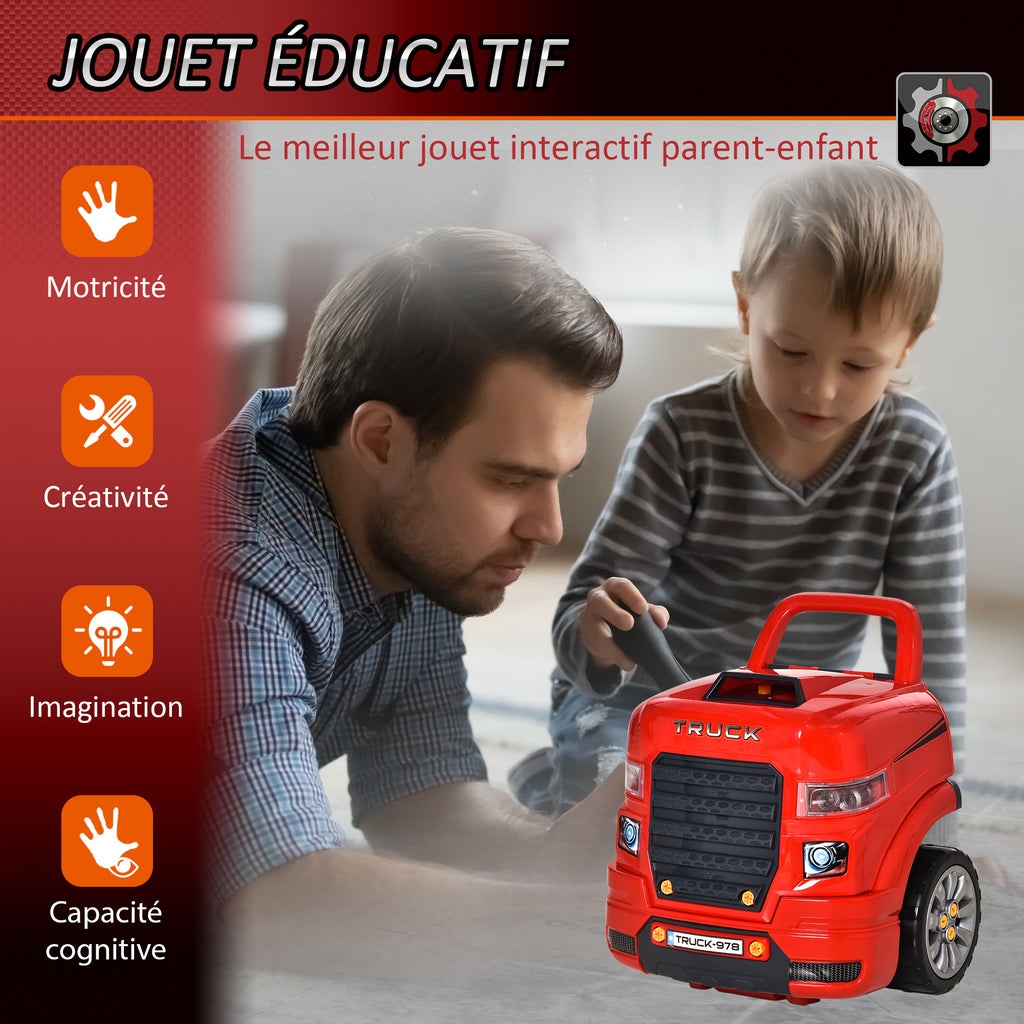 2-in-1 Mechaniker-LKW - DIY Kinder-Spielzeug - Werkbank Kinder - Mechaniker-Rollenspiel - Zahlreiche Zubehörteile insgesamt 61 Stück - Sound- und Lichteffekte - PP ABS Rot