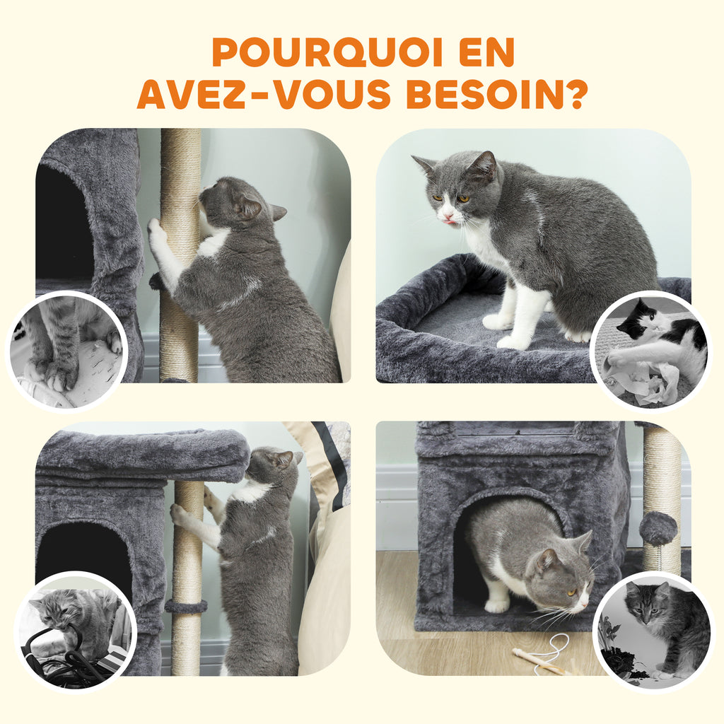 Arbre à chat, tour de jeux pour chat, plateforme, 2 niches et balle griffoirs en sisal, 45 x 40 x 66 cm, gris foncé