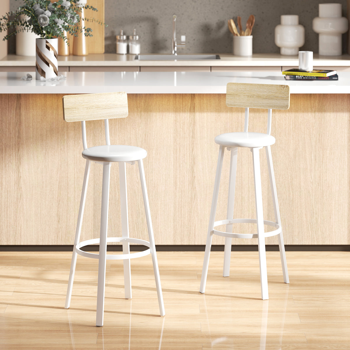 2er-Set Barhocker, Barstühle, gepolsterte Sitzfläche 75,5H cm, Rückenlehne und Fußstütze, Naturholz und Weiß