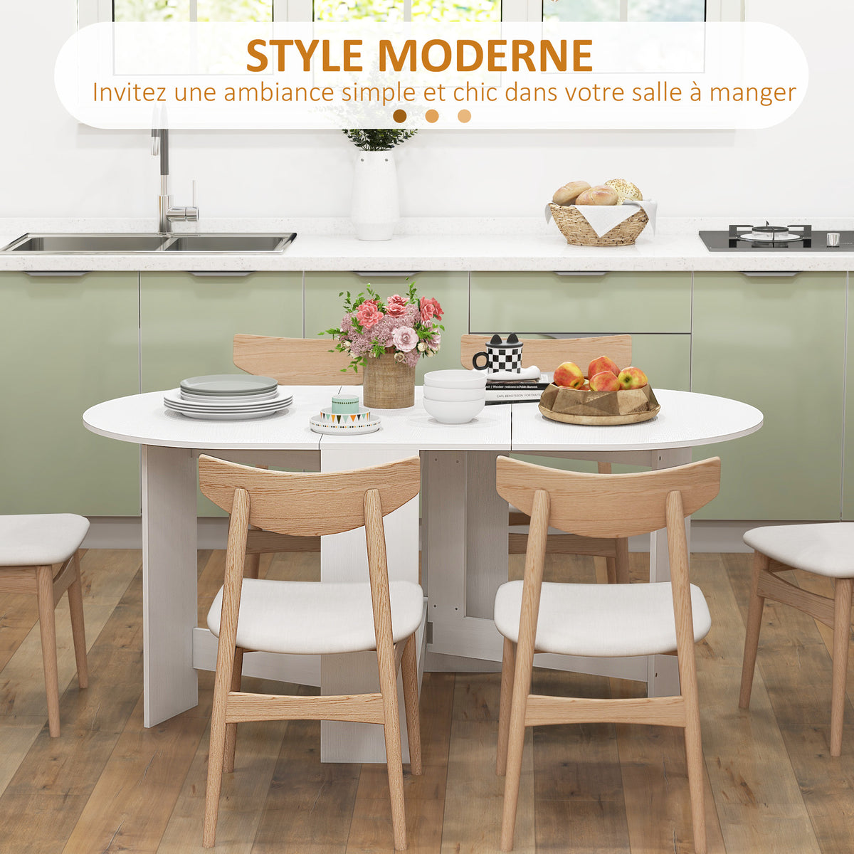 Table à manger pliante, table pliante cuisine ovale jusqu'à 6 personnes, pour petits espaces, salle à manger, blanc