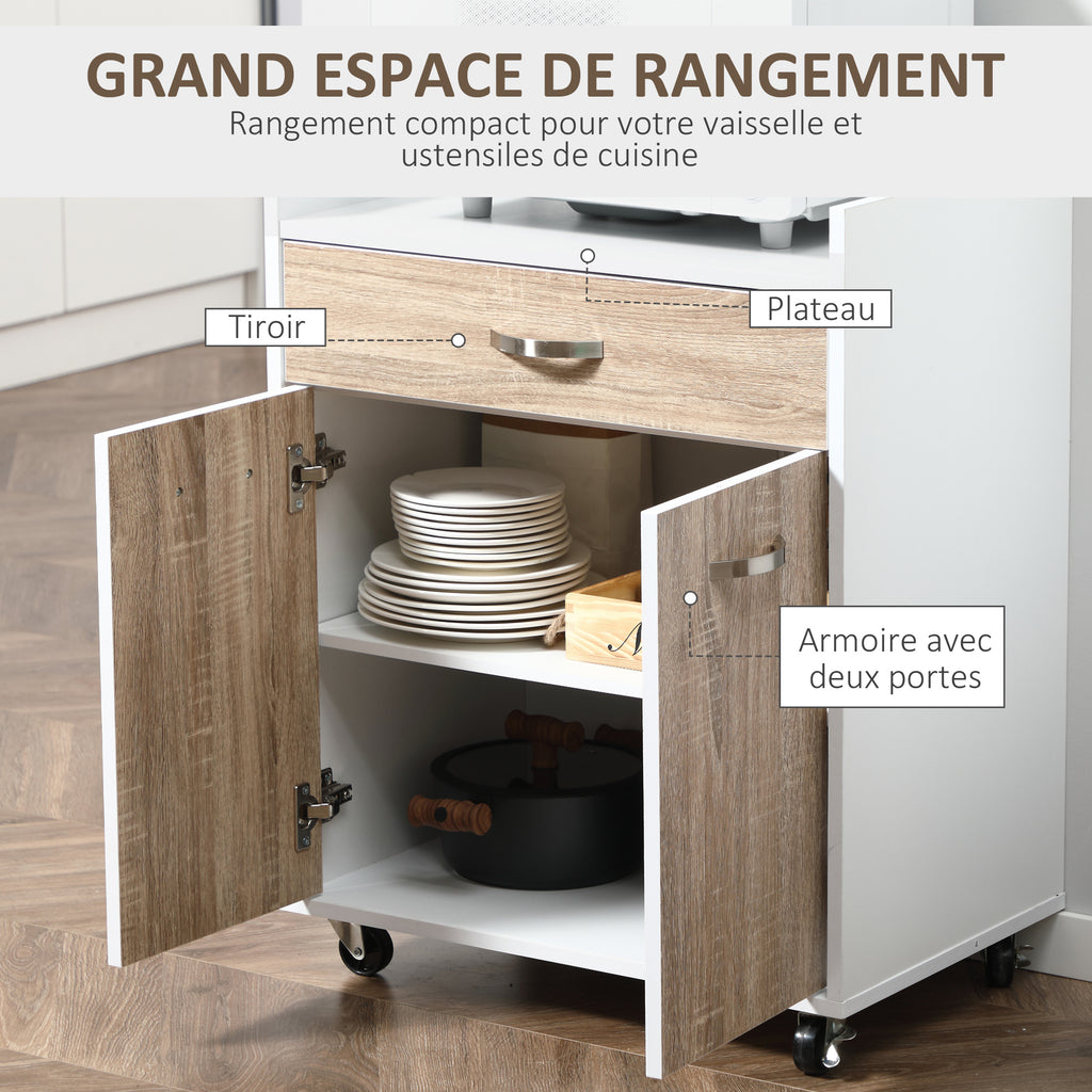 Chariot de service desserte de cuisine à roulettes tiroir placard 2 portes étagère en bois blanc aspect chêne clair