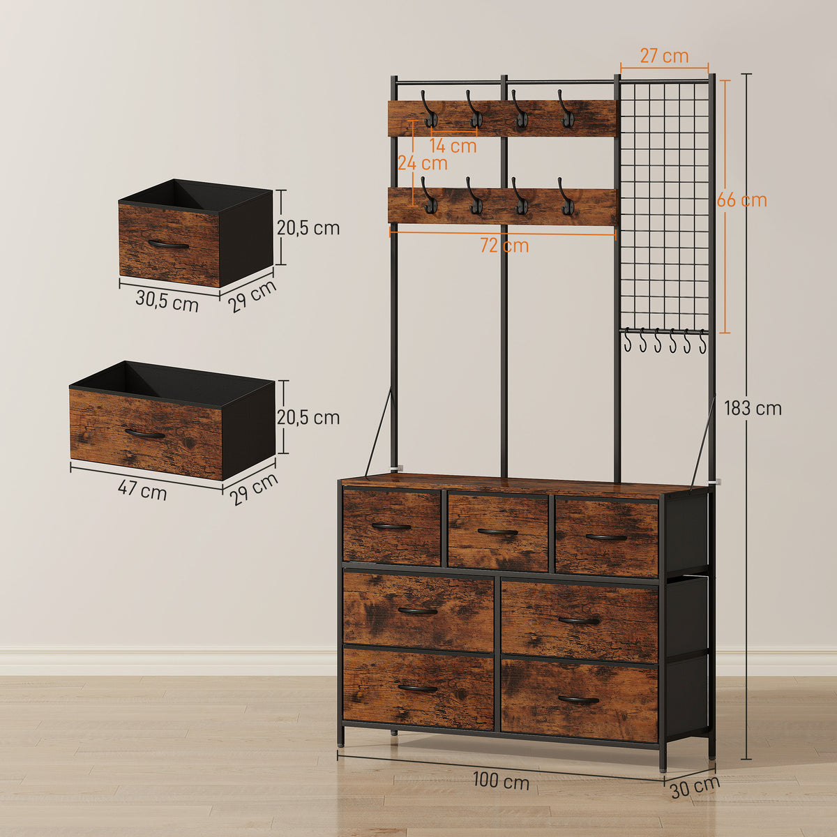 Garderobenständer 4-in-1, Garderobe mit 7 Stoffschubladen und 14 Haken, 100 x 30 x 183 cm, rustikales Braun