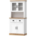 Buffet Haut Cuisine, Armoire Cuisine, 4 Portes dont 2 en Verre, 2 Tiroirs, Plan de Travail, Étagères Réglables, Blanc