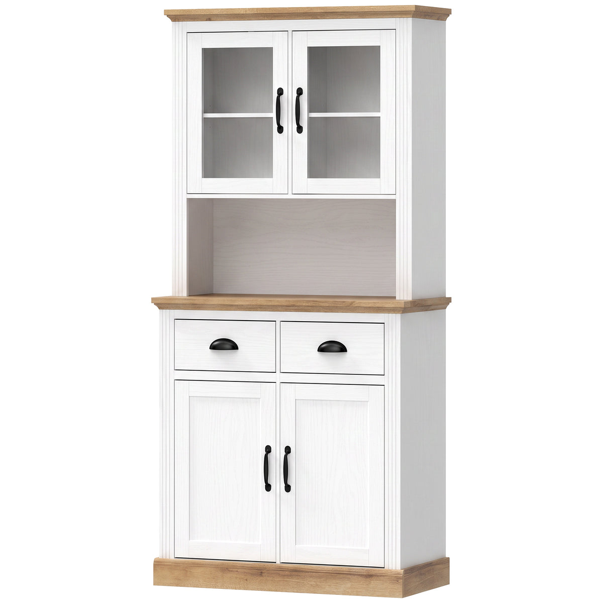 Highboard Küche, Küchenschrank, 4 Türen, davon 2 Glastüren, 2 Schubladen, Arbeitsplatte, verstellbare Einlegeböden, Weiß