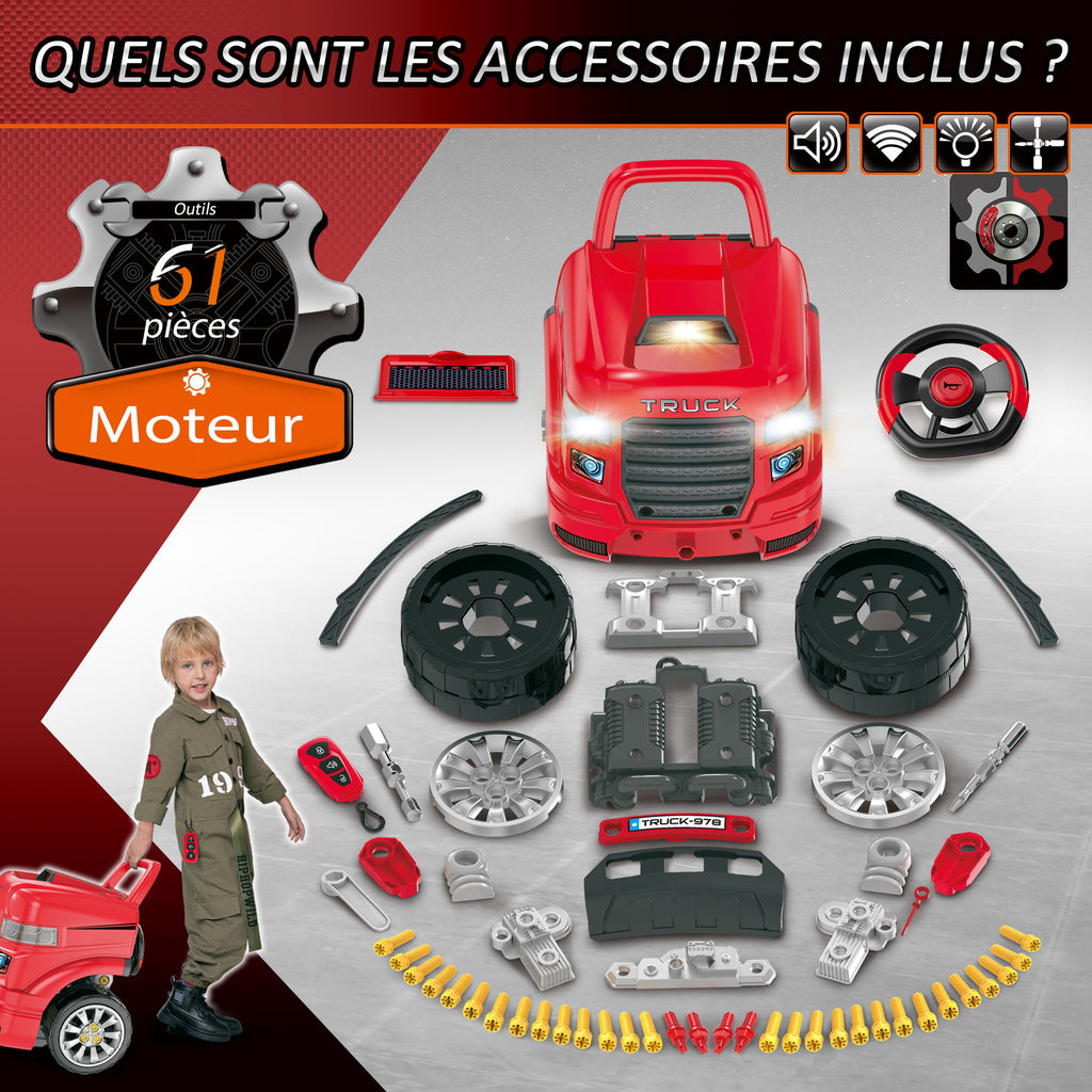 2-in-1 Mechaniker-LKW - DIY Kinder-Spielzeug - Werkbank Kinder - Mechaniker-Rollenspiel - Zahlreiche Zubehörteile insgesamt 61 Stück - Sound- und Lichteffekte - PP ABS Rot