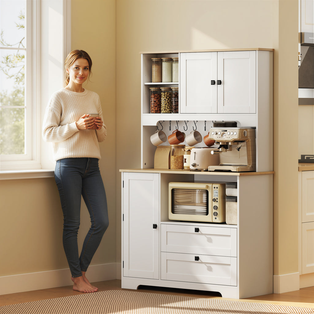 Küchenbuffet, Küchenschrank mit 3 Türen, 2 Schubladen, Arbeitsplatte, offenen Fächern, Weiß
