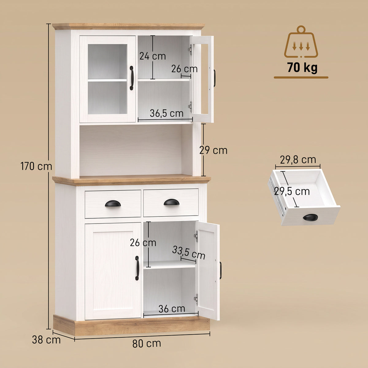 Highboard Küche, Küchenschrank, 4 Türen, davon 2 Glastüren, 2 Schubladen, Arbeitsplatte, verstellbare Einlegeböden, Weiß