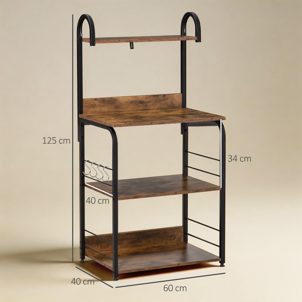 Küchenregal, Mikrowellenregal 3 Ablagen Haken Stahlrahmen 60 x 40 x 125 cm Mahagoni-Holzoptik