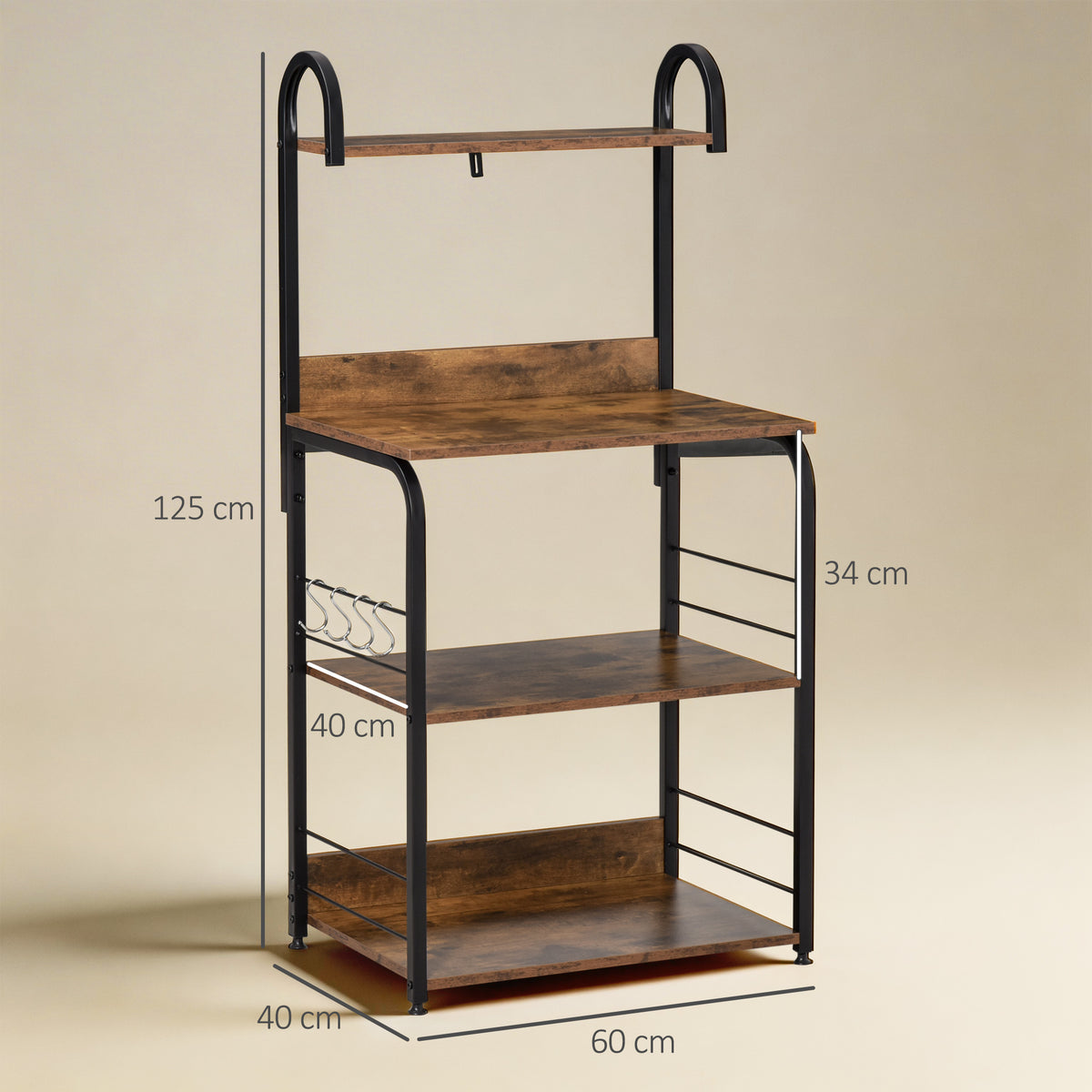 Küchenregal, Mikrowellenregal 3 Ablagen Haken Stahlrahmen 60 x 40 x 125 cm Mahagoni-Holzoptik