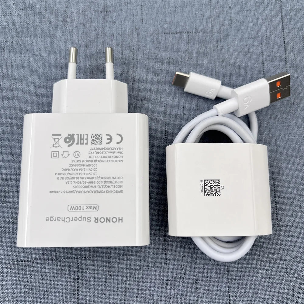 Honor Original 100W SuperCharge Charger Fast Charging EU Plug Adapter 6A Type C Cable For Honor 300 200 100 90 80 Magic 8 7 Pro