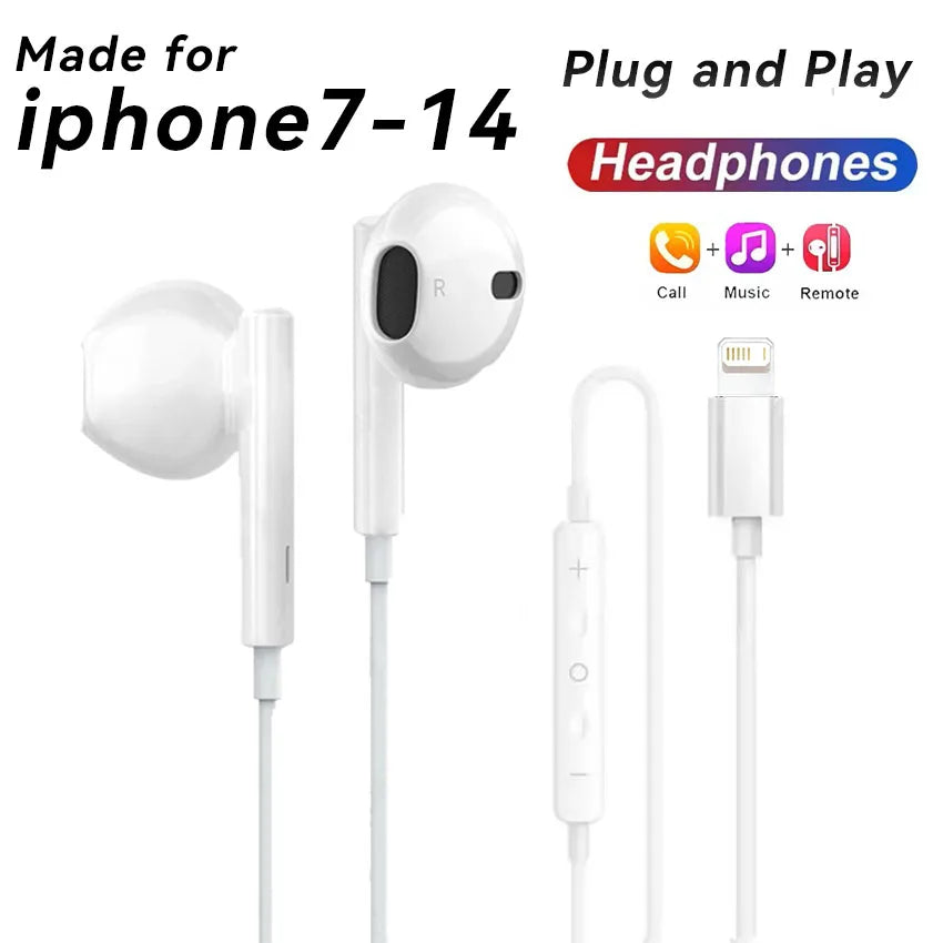 Original Wired Earphones For iPhone 15 16 14 13 12 11 Pro Max 7/8Plus X XR XS In-Ear Earbud For Lightning USB C 3.5mm Earbuds