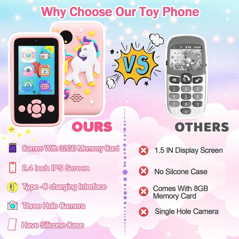 Children Phone Camera Toys Mp3 Music Player Puzzle Games Tooddler Leaning Toys for Girls Boys Age 3-10 Birthday Gifts With 32G
