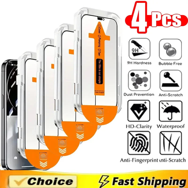 1-4 Pcs Dust Free Easy Installation Tempered Glass Screen Protector for IPhone 17Pro Max 16 15 14 13 12 11 Pro Max XS X XR  Plus