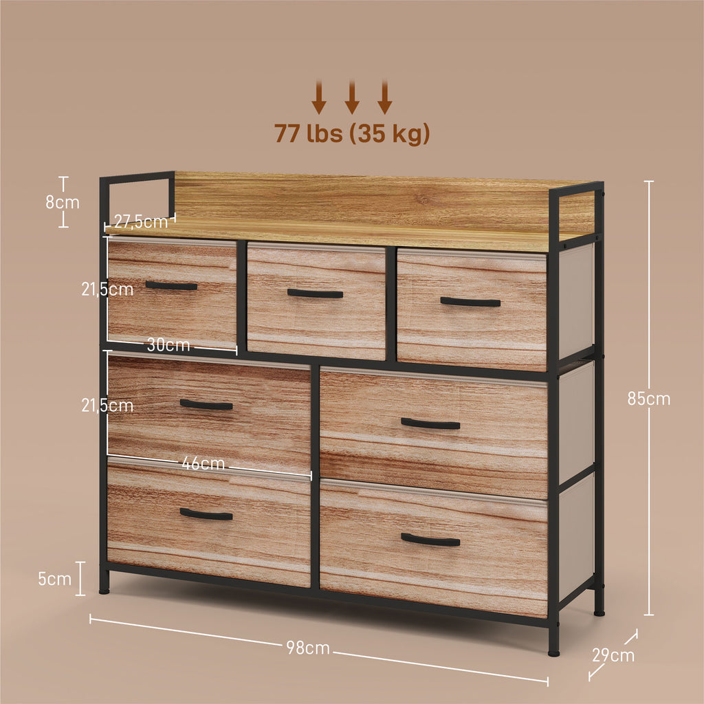 Kommode mit 7 Schubladen, Aufbewahrungsschrank mit faltbaren Stoffschubladen – schwarzer Stahlrahmen – 98 x 29 x 85 cm