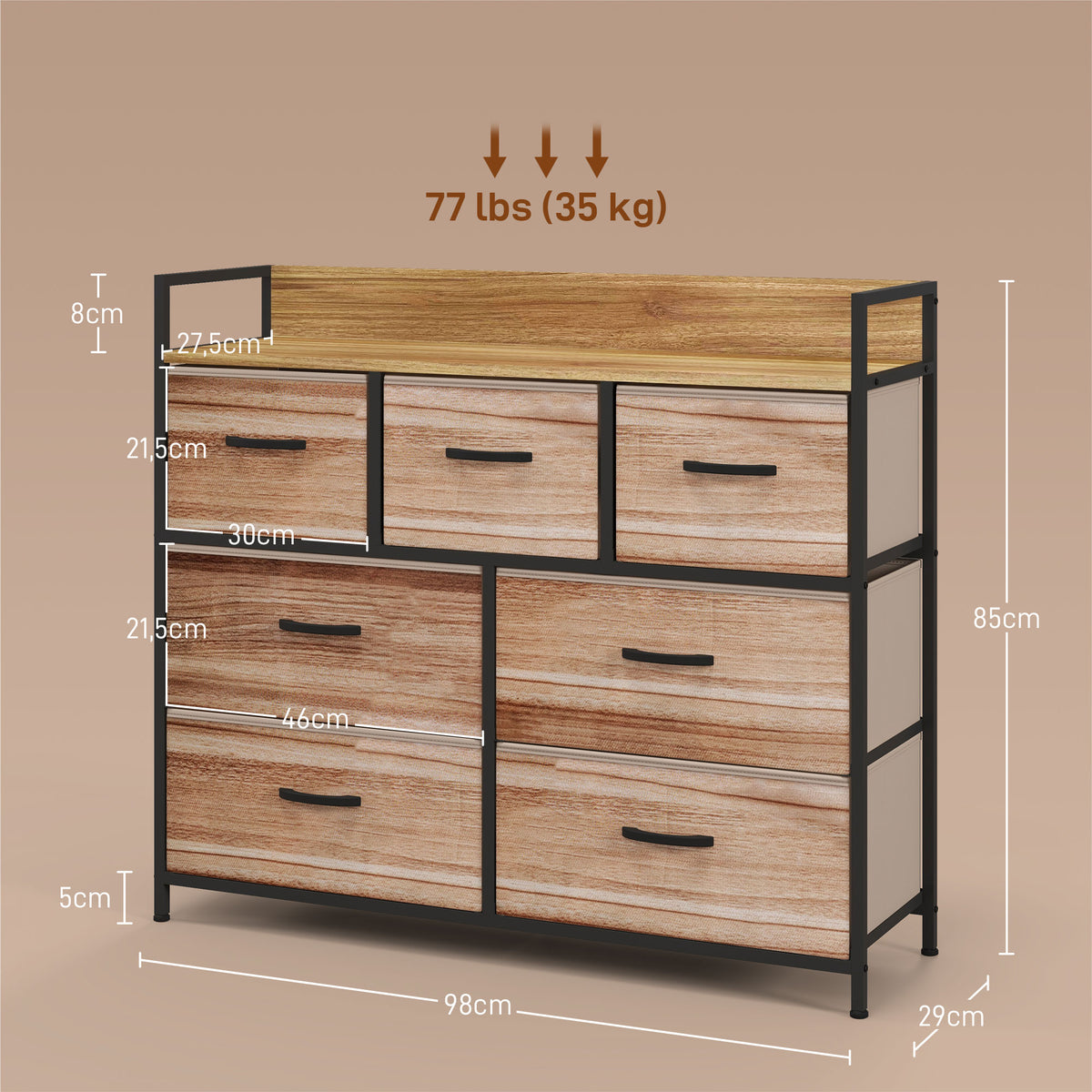 Kommode mit 7 Schubladen, Aufbewahrungsschrank mit faltbaren Stoffschubladen – schwarzer Stahlrahmen – 98 x 29 x 85 cm