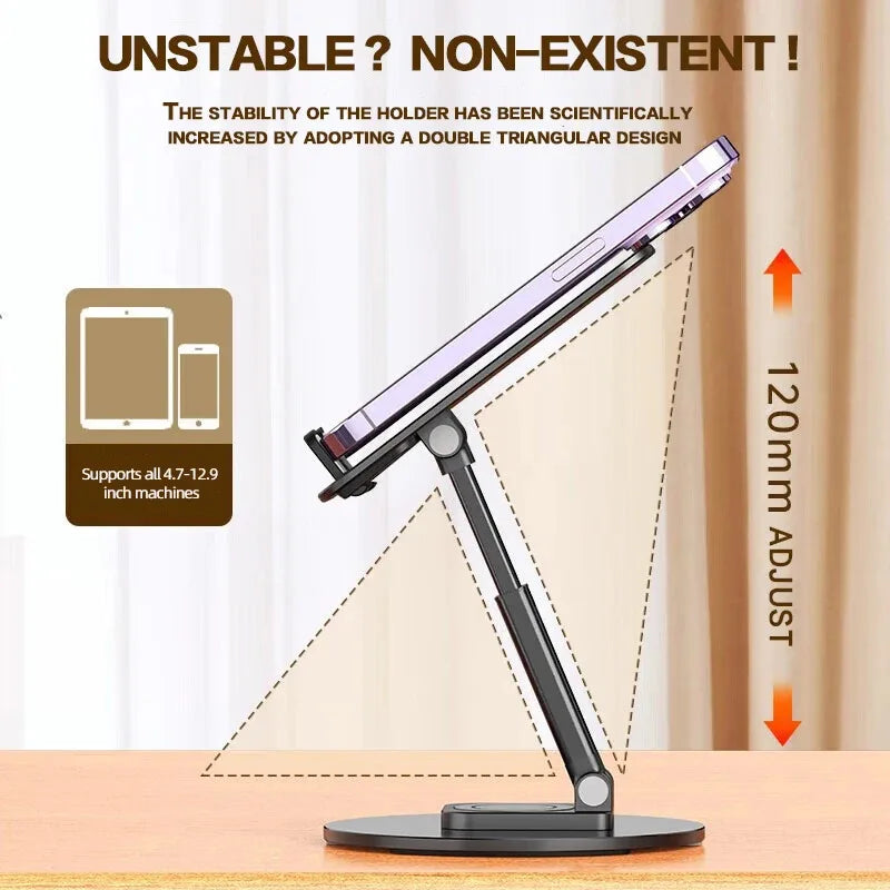 Universal Desktop Phone Stand - 360° Foldable, Anti-Slip Metal Base, Multi-Angle Rotating, Fits iPhone 13/14/15 Pro