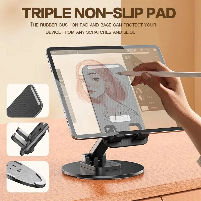 Universal Desktop Phone Stand - 360° Foldable, Anti-Slip Metal Base, Multi-Angle Rotating, Fits iPhone 13/14/15 Pro