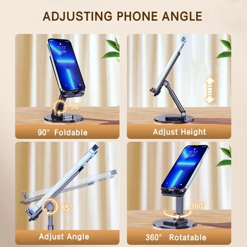 Universal Desktop Phone Stand - 360° Foldable, Anti-Slip Metal Base, Multi-Angle Rotating, Fits iPhone 13/14/15 Pro