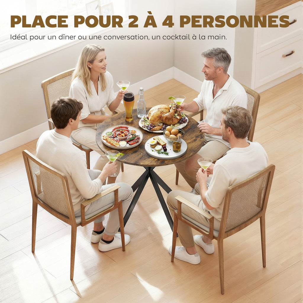Table à Manger Ronde pour 2 Personnes avec Plateau Aspect Bois et Piètement Croisé en Acier, Brun Rustique