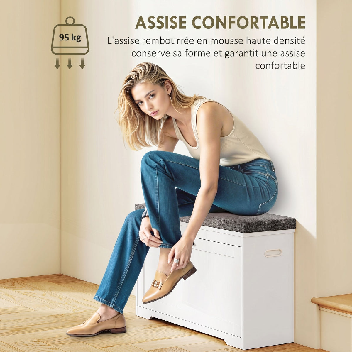 Schuhbank, moderne Eingangsbank mit gepolstertem Sitz, Kippschublade und verstellbarem Regal, 80x30x50cm, weiß