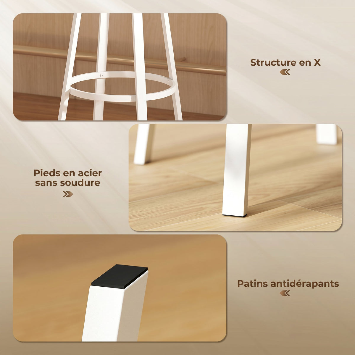 2er-Set Barhocker, Barstühle, gepolsterte Sitzfläche 75,5H cm, Rückenlehne und Fußstütze, Naturholz und Weiß