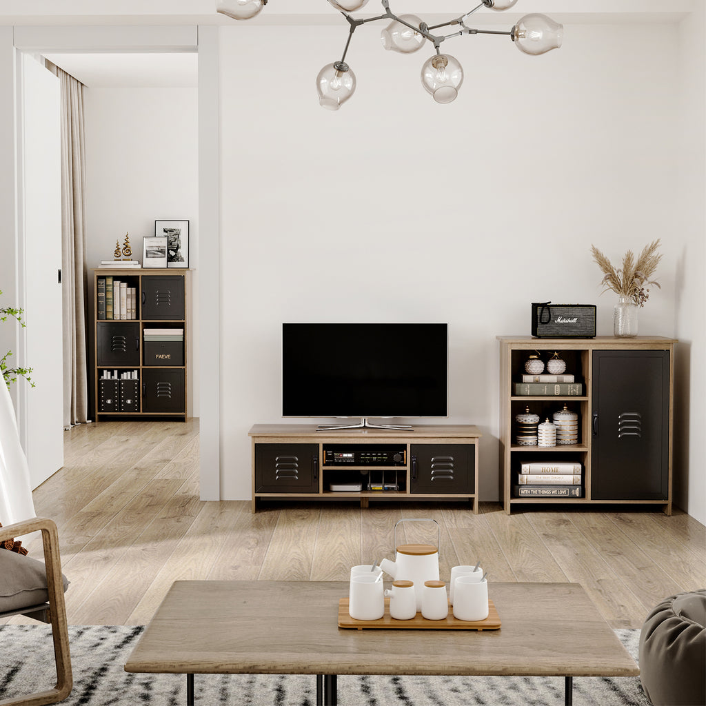 Meuble TV Banc TV 110 cm Design Industriel, avec 2 placards, 2 niches, 2 Passe-Fils, Aspect Bois veinage Portes métal Noir-1