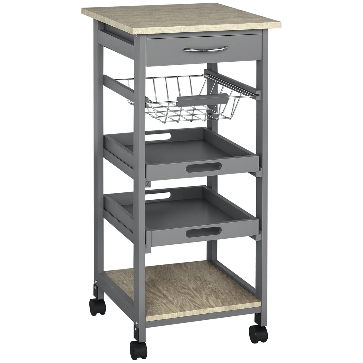 Chariot de service desserte de cuisine à roulettes panier + 2 plateaux amovibles, tiroir, étagère en bois chêne clair