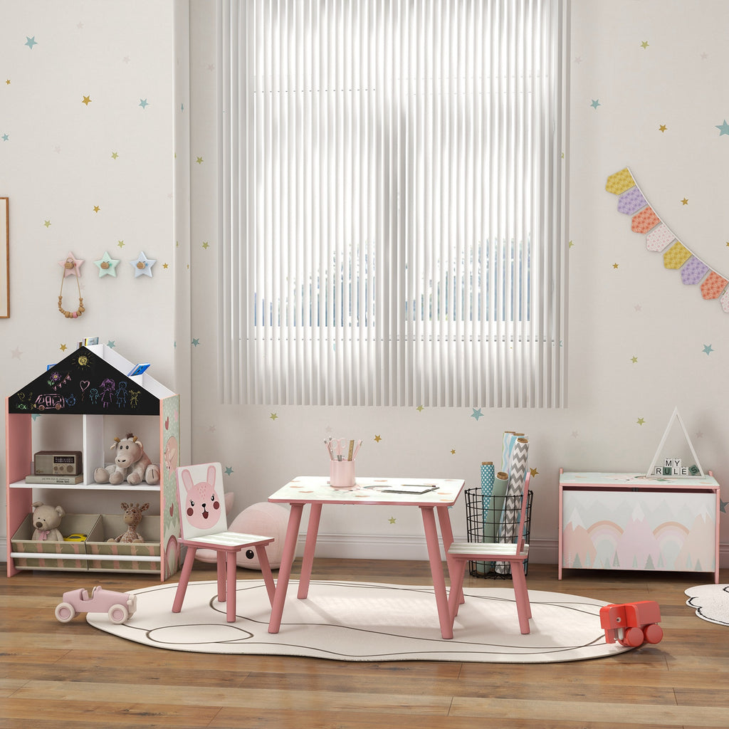 Kinder-Tisch- und Stuhl-Set, Kindertisch mit 2 Stühlen, Tiermotiv für Kinderzimmer, Rosa