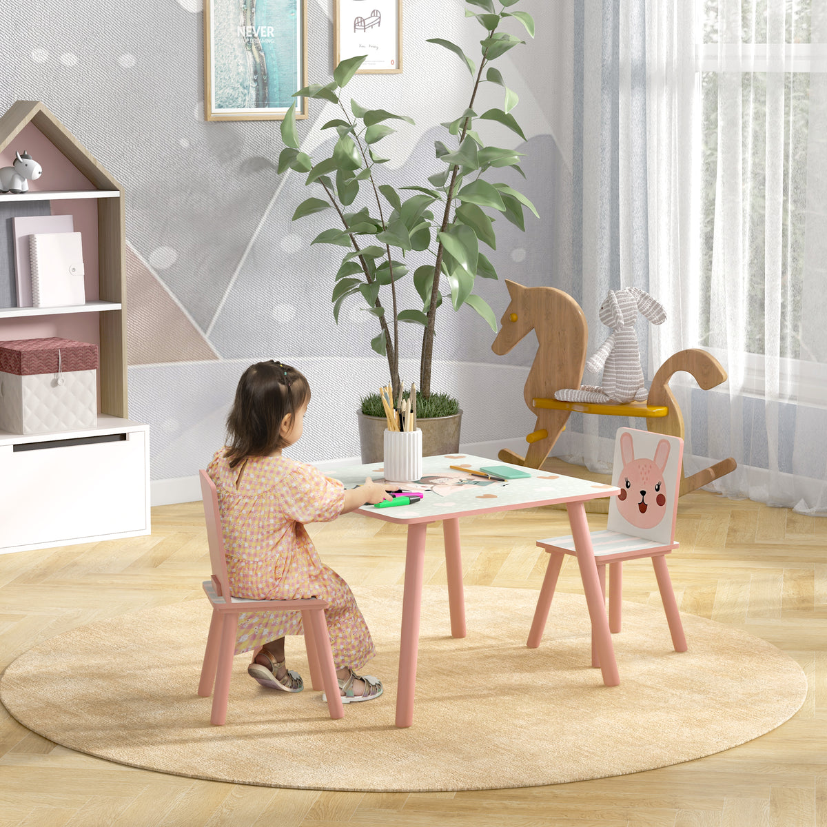 Kinder-Tisch- und Stuhl-Set, Kindertisch mit 2 Stühlen, Tiermotiv für Kinderzimmer, Rosa