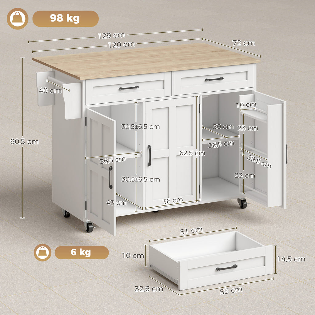 Îlot de cuisine avec plateau rabattable, chariot à roulettes 2 tiroirs, 3 portes, porte-racks et porte-serviettes, blanc