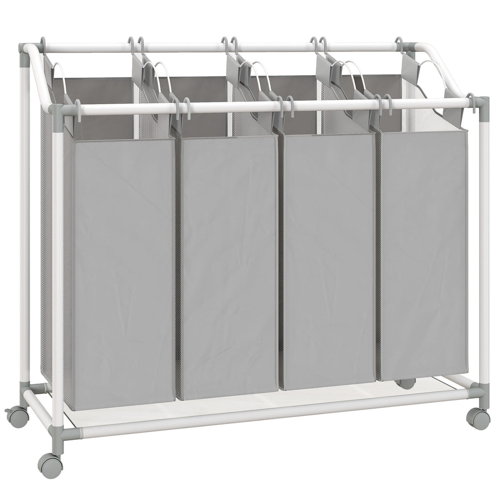 Wäschewagen, mobiler Wäschesammler, Wäschekorb auf Rollen mit 4 herausnehmbaren Säcken, 4 x 40L, 97 x 38 x 81 cm, Grau