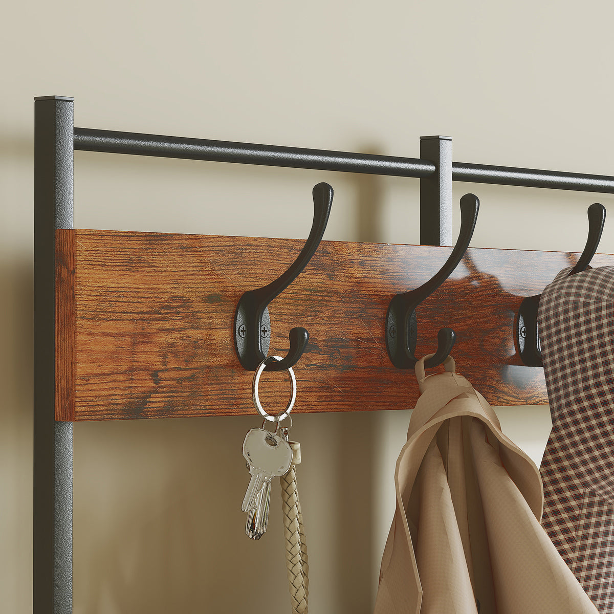 Garderobenständer 4-in-1, Garderobe mit 7 Stoffschubladen und 14 Haken, 100 x 30 x 183 cm, rustikales Braun