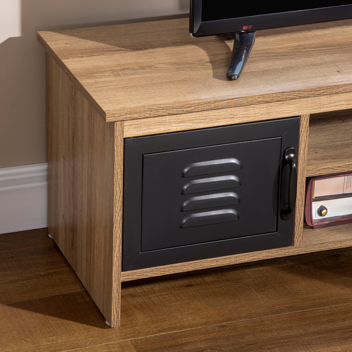 Meuble TV Banc TV 110 cm Design Industriel, avec 2 placards, 2 niches, 2 Passe-Fils, Aspect Bois veinage Portes métal Noir-7