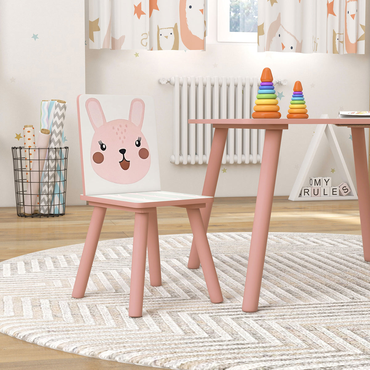 Kinder-Tisch- und Stuhl-Set, Kindertisch mit 2 Stühlen, Tiermotiv für Kinderzimmer, Rosa