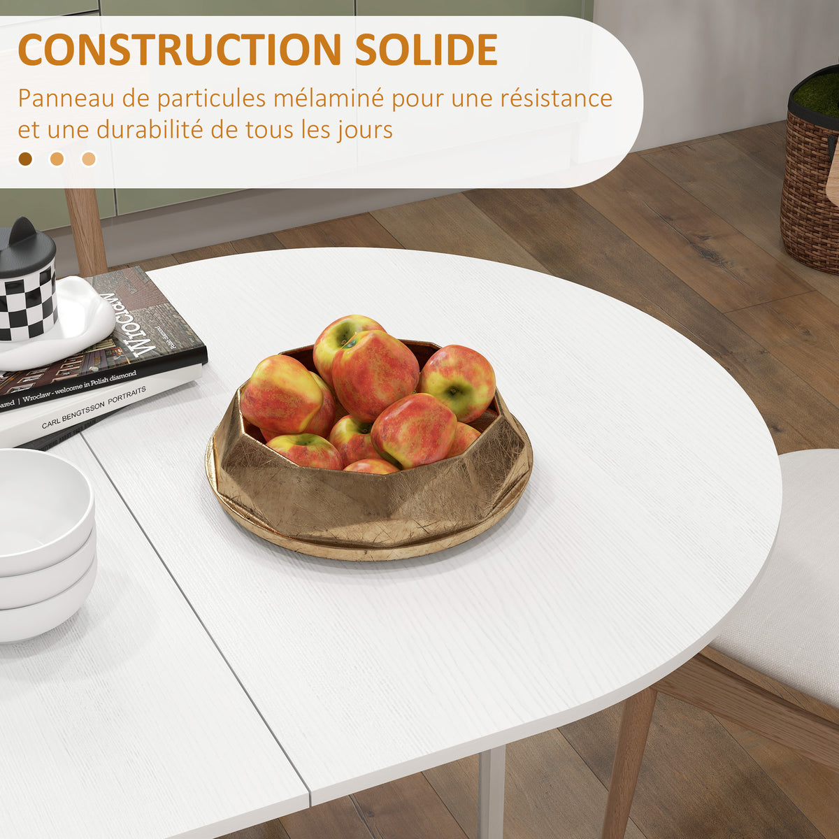 Table à manger pliante, table pliante cuisine ovale jusqu'à 6 personnes, pour petits espaces, salle à manger, blanc