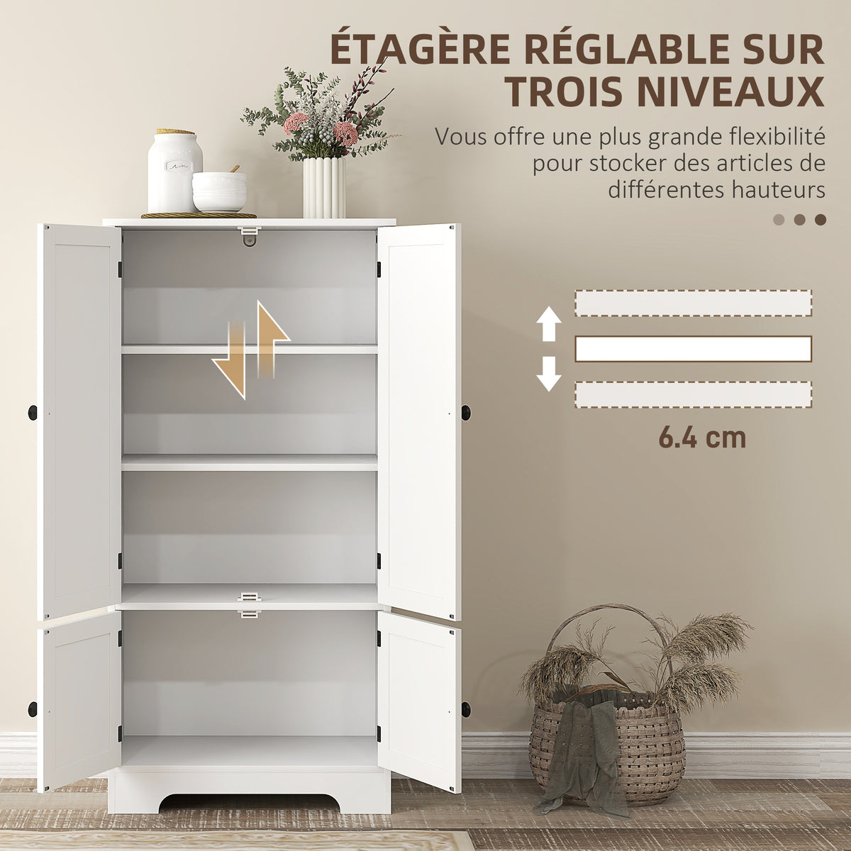 Küchenschrank, Küchenbuffet mit verstellbaren Schranktüren und Einlegeböden, 58,2 x 30 x 123 cm, weiß