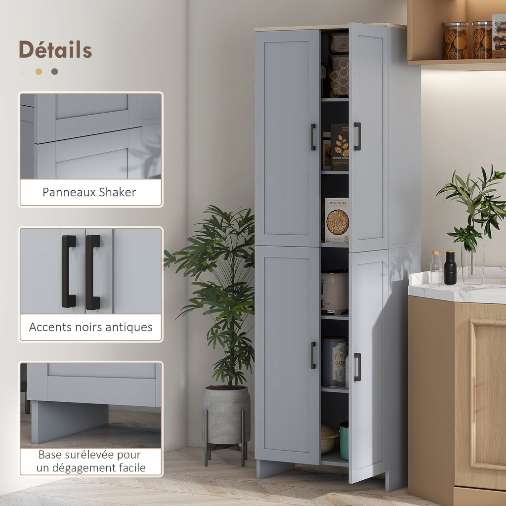 Küchenschrank, 170 cm hoch, Hochschrank mit 4 Türen und verstellbaren Einlegeböden, modernes Design, grau