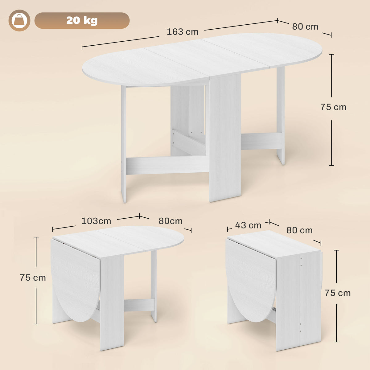 Table à manger pliante, table pliante cuisine ovale jusqu'à 6 personnes, pour petits espaces, salle à manger, blanc