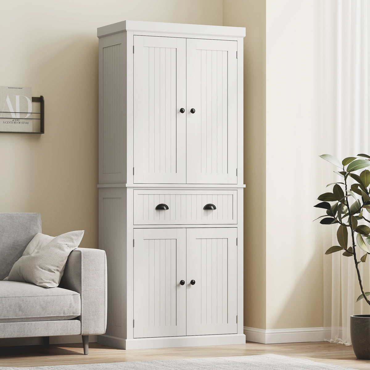 Küchenschrank, Küchenbuffet, Mehrzweckschrank, verstellbare Einlegeböden, 4 Türen, große Schublade, 76,2 x 40,2 x 183 cm, Weiß