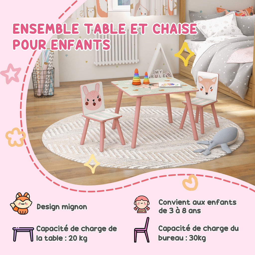 Kinder-Tisch- und Stuhl-Set, Kindertisch mit 2 Stühlen, Tiermotiv für Kinderzimmer, Rosa
