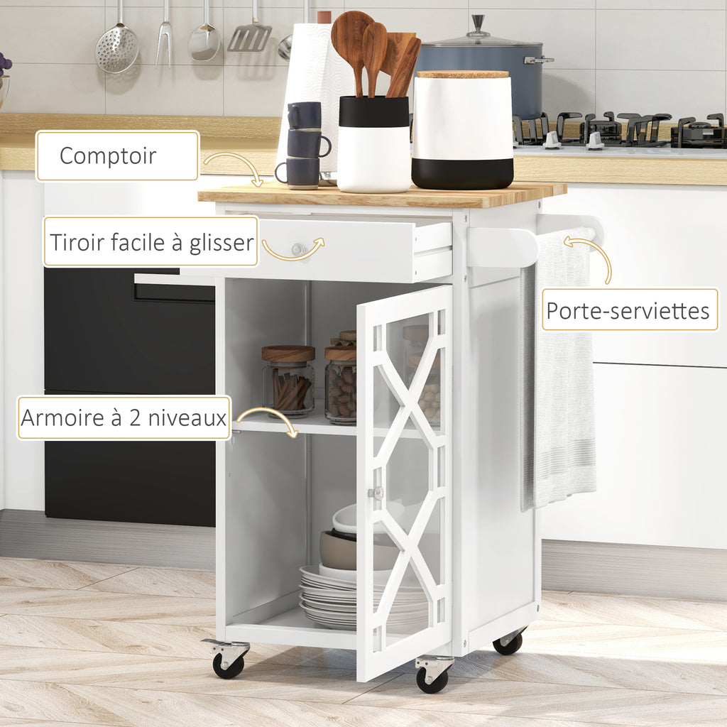 Chariot de service - desserte de cuisine à roulettes - tiroir, placard, porte-serviette -  blanc