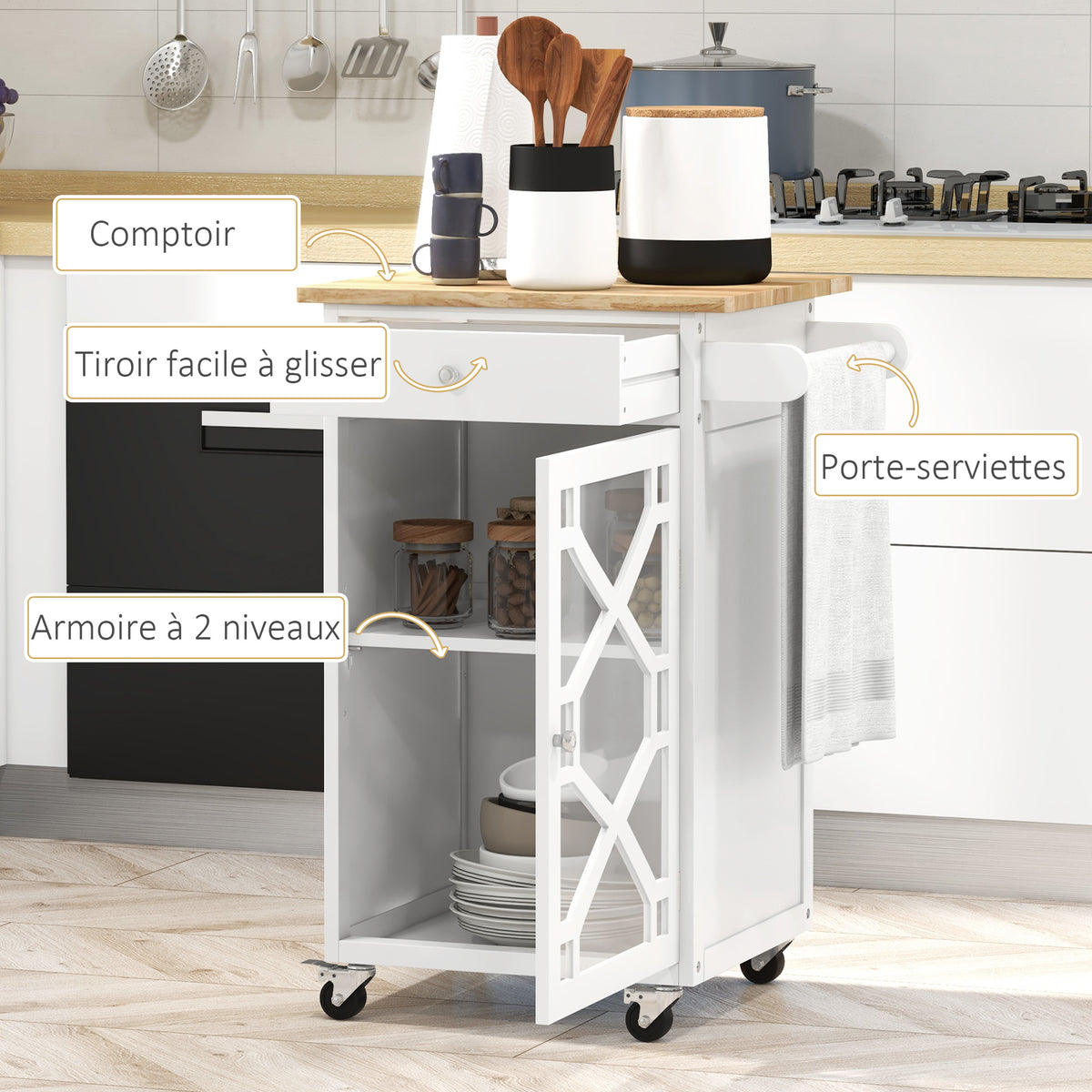 Chariot de service - desserte de cuisine à roulettes - tiroir, placard, porte-serviette -  blanc