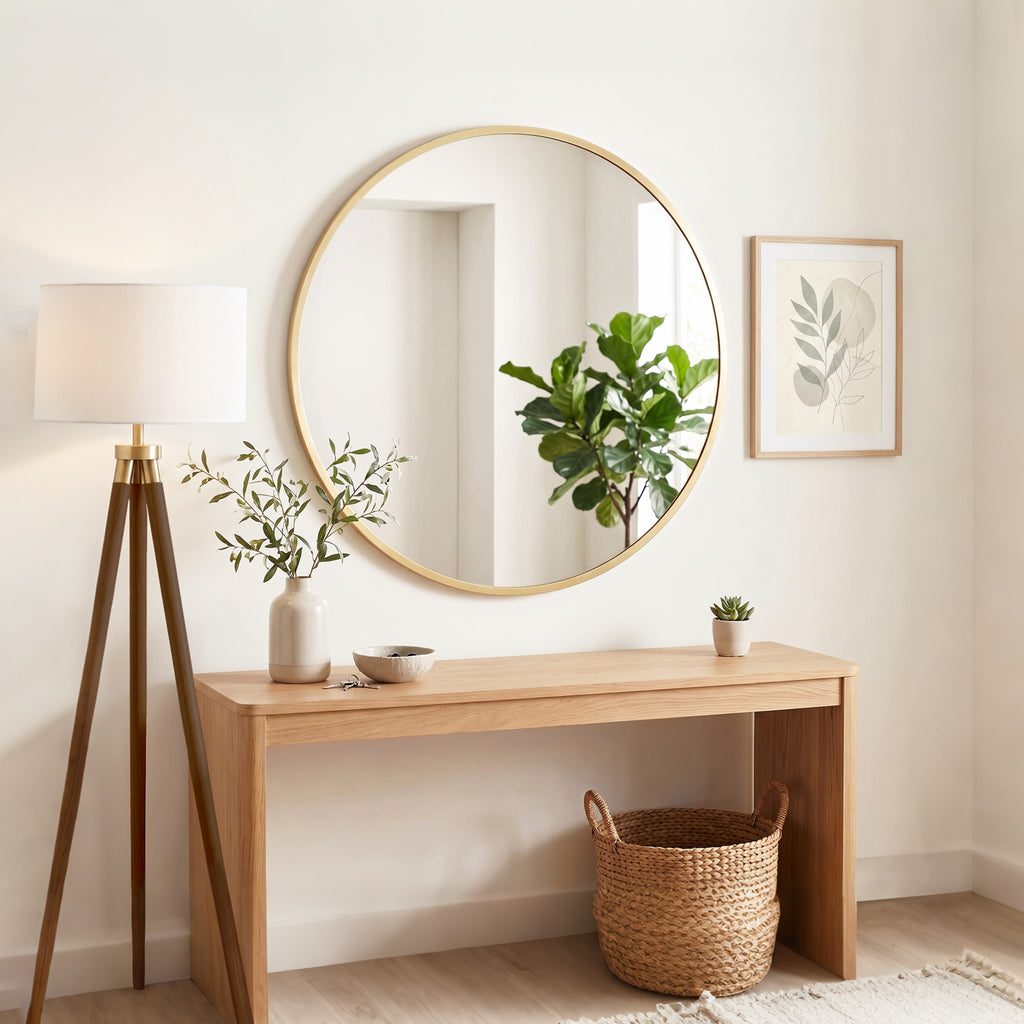 Miroir mural rond Ø 61 cm, cadre en alliage d'aluminium, pour salle de bain, chambre, salon, couloir, doré