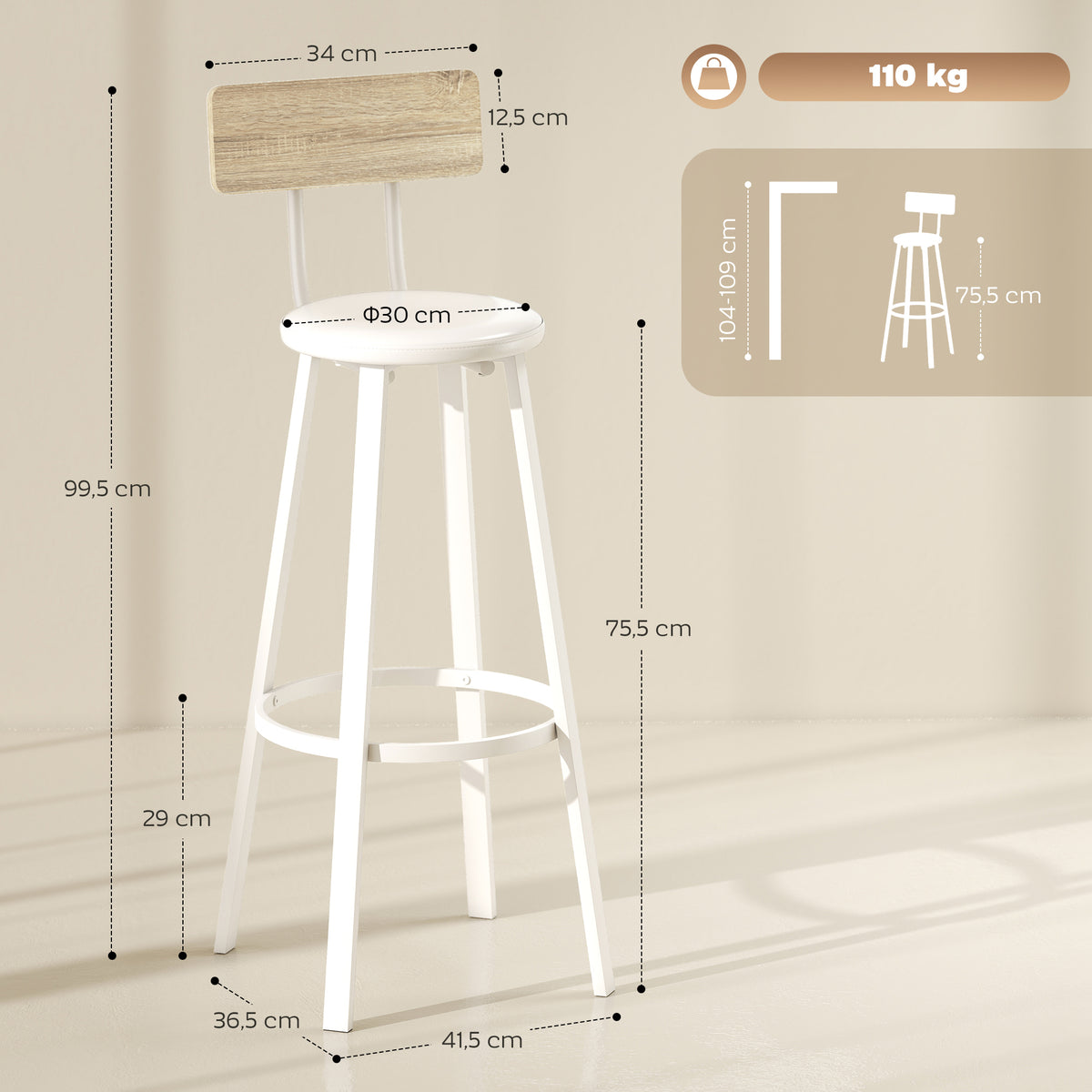 2er-Set Barhocker, Barstühle, gepolsterte Sitzfläche 75,5H cm, Rückenlehne und Fußstütze, Naturholz und Weiß